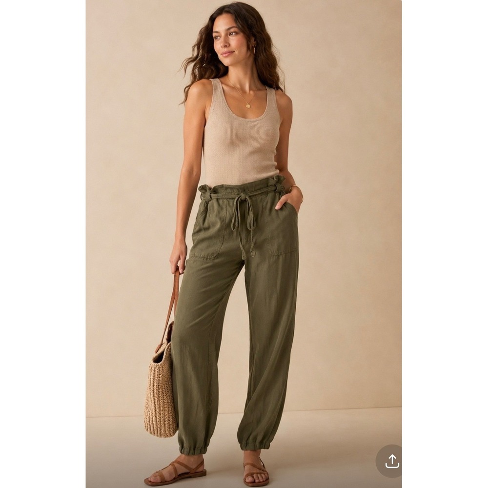 Anthropologie Cartonnier Olive Green Linen Blend Paperbag Waist Joggers Medium